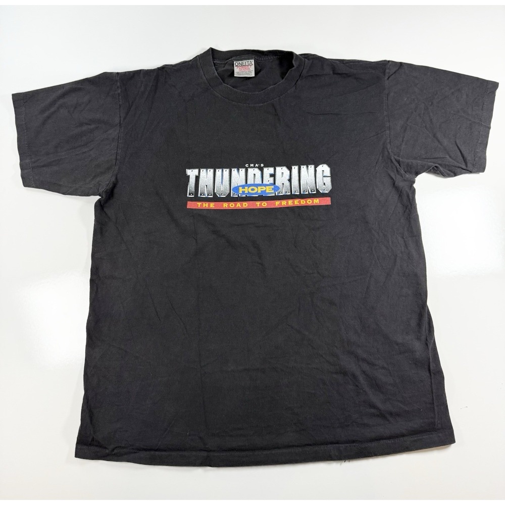 Vintage Oneita Power-T t-shirt made in USA‎ L Black Thundering Hope Motorcycle